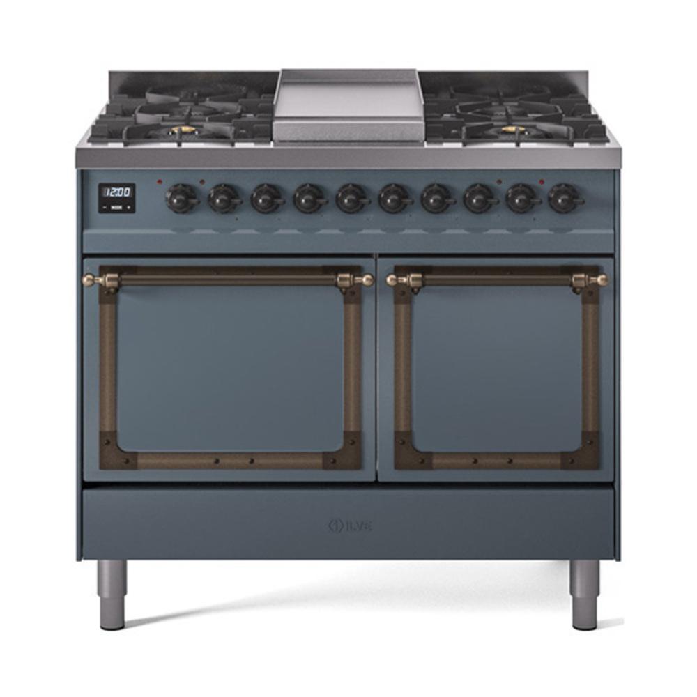 ILVE UND40FQNMPBGB Nostalgie II Noblesse 40 inch Dual Fuel Range (Natural Gas, Solid Door, Blue Grey, Burnished)