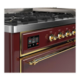 ILVE UM60FQNR3BUGLP Majestic III 60 inch Dual Fuel Range with 9 Burners and Griddle, Dual Function Burner up to 25,000 BTU (Liquid Propane, Solid Door, Burgundy, Brass)