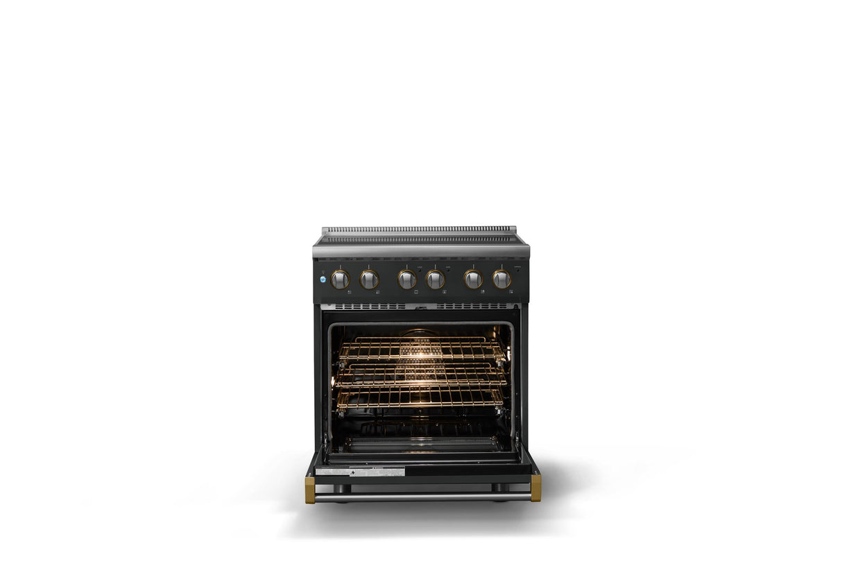 30"W. Electric Range (Finish: Antique Bronze, Trim: Brushed Brass)
