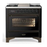 ILVE UM36FNR3BKBLP Majestic III 36 inch Dual Fuel Range with 6 Black Brass Burners and Griddle, Dual Function Burner up to 25,000 BTU (Triple Glass Door, Glossy Black, Burnished, Liquid Propane)