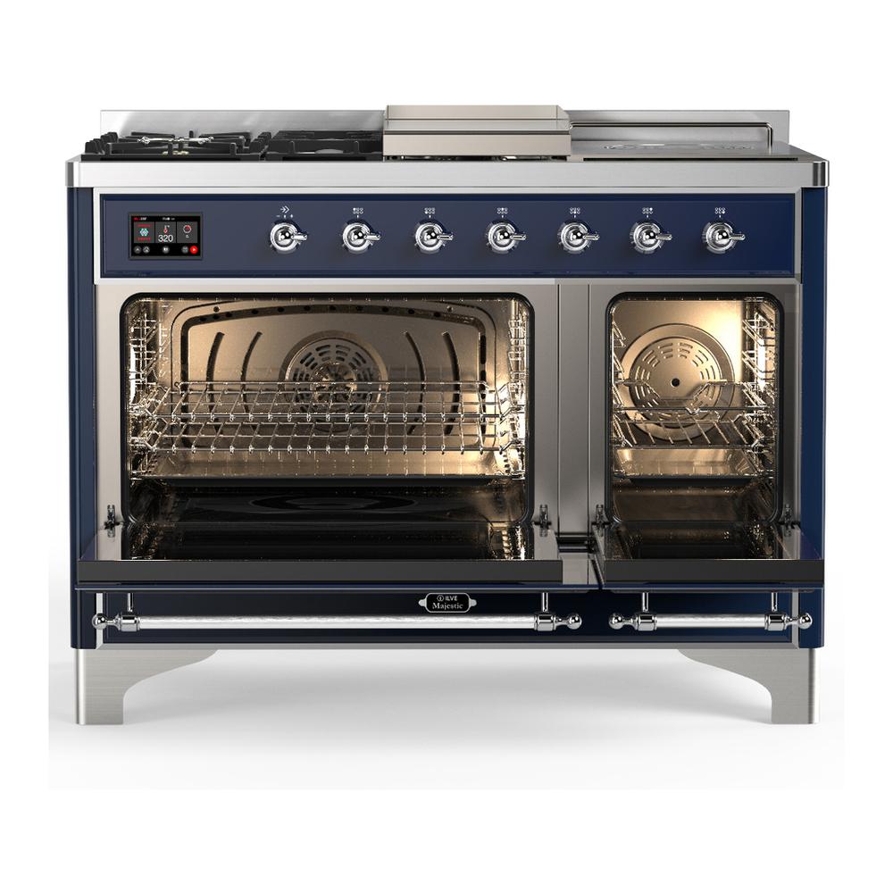 ILVE UM48FSNR3MBCLP Majestic III 48 inch Dual Fuel Range with 5 Black Brass Burners, Griddle and French Top, Dual Function Burner up to 25,000 BTU (Liquid Propane, Triple Glass Door, Midnight Blue, Chrome)