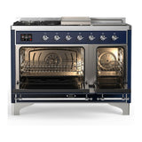 ILVE UM48FSNR3MBCLP Majestic III 48 inch Dual Fuel Range with 5 Black Brass Burners, Griddle and French Top, Dual Function Burner up to 25,000 BTU (Liquid Propane, Triple Glass Door, Midnight Blue, Chrome)