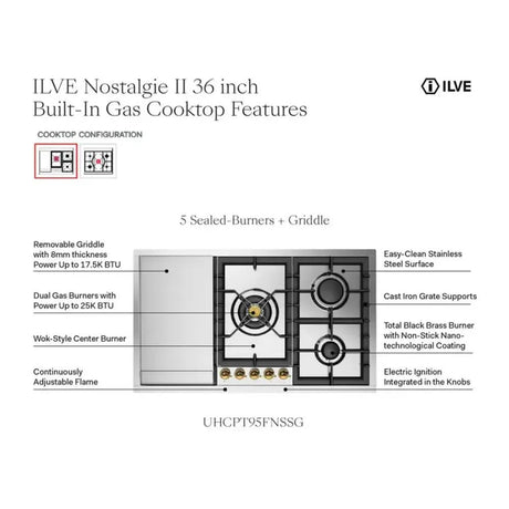 ILVE UHCPT95FNSSC Nostalgie II 36 inch Built-In Gas Cooktop with Total Black Brass Burners, in Stainless Steel (5 Sealed Burners + Griddle, Natural Gas, Chrome)
