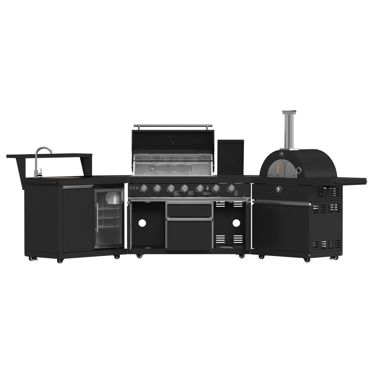 Forno All Aperto 87,600 BTU Outdoor Kitchen, 4 Burners, Infrared Burners, Side Burner, Black Sintered Stone Countertops, Gas Pizza Oven, Sink Module, Bar & Beverage Center