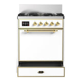 ILVE UM30QNR3WHG Majestic III 30 inch Dual Fuel Range with 5 Black Brass Burners, Dual Function Burner up to 25,000 BTU (Natural Gas, Solid Door, White, Brass)
