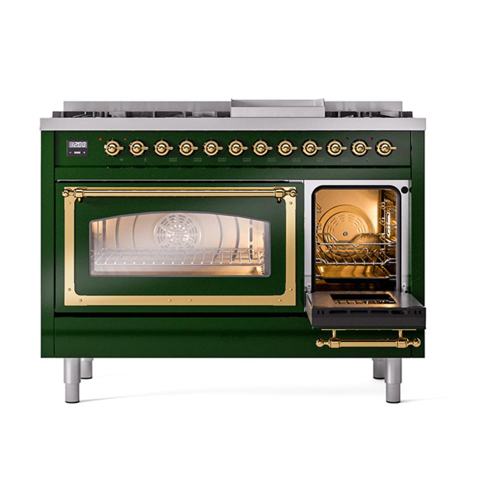 ILVE UN48FNMPEGG Nostalgie II Noblesse 48 inch Dual Fuel Range (8 Sealed Burners + Griddle, Natural Gas, Triple Glass Door, Emerald Green, Brass)