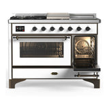 ILVE UM48FSNR3WHB Majestic III 48 inch Dual Fuel Range with 5 Black Brass Burners, Griddle and French Top, Dual Function Burner up to 25,000 BTU (Natural Gas, Triple Glass Door, White, Burnished)