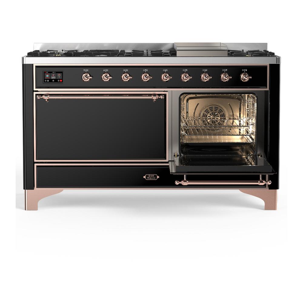 ILVE UM60FQNR3BKP Majestic III 60 inch Dual Fuel Range with 9 Burners and Griddle, Dual Function Burner up to 25,000 BTU (Natural Gas, Solid Door, Glossy Black, Copper)
