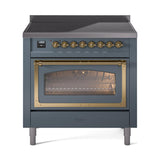 ILVE UNI366NMPBGG Nostalgie II Noblesse 36 inch Induction Range (Triple Glass Door, Blue Grey, Brass)