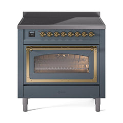 ILVE UNI366NMPBGG Nostalgie II Noblesse 36 inch Induction Range (Triple Glass Door, Blue Grey, Brass)