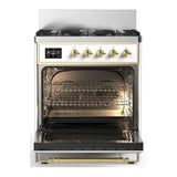 ILVE UM30QNR3WHG Majestic III 30 inch Dual Fuel Range with 5 Black Brass Burners, Dual Function Burner up to 25,000 BTU (Natural Gas, Solid Door, White, Brass)