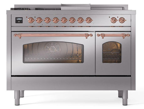 Nostalgie II 48 Inch Dual Fuel Natural Gas Freestanding Range in Stainless Steel with Copper Trim