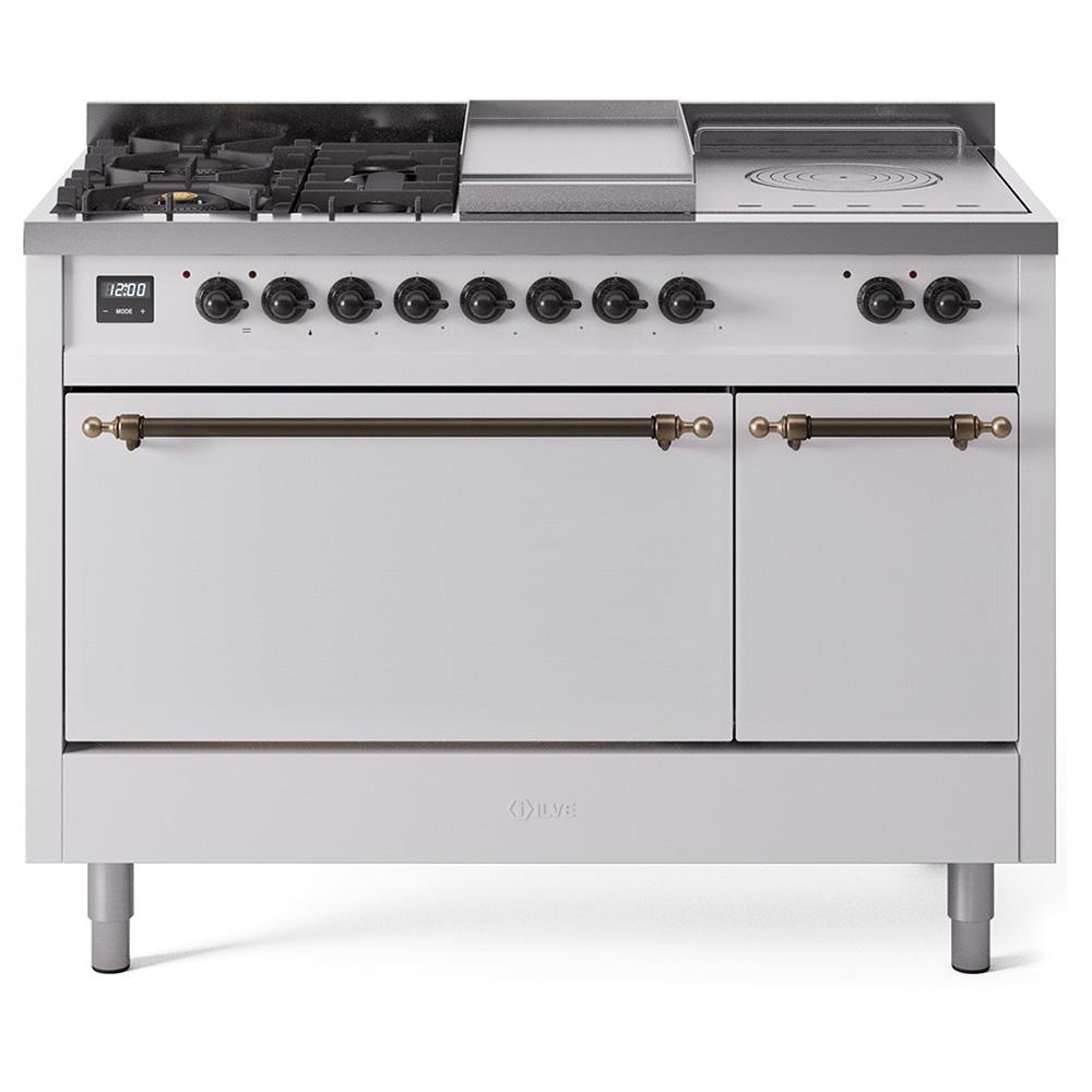 ILVE Nostalgie II 48 UP48FSQNMPWHB Freestanding Dual Fuel Range with 5 Sealed Burners Yes and French Top Double Oven with Solid Door in White with Bronze knobs