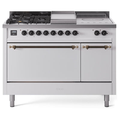 ILVE Nostalgie II 48 UP48FSQNMPWHB Freestanding Dual Fuel Range with 5 Sealed Burners Yes and French Top Double Oven with Solid Door in White with Bronze knobs