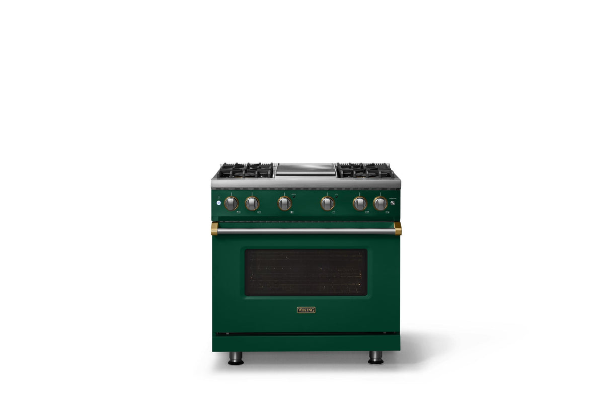 36"W. Sealed Burner Gas Range (Burner: 4g, Finish: Ivy, Trim: Brushed Brass, Fuel: Natural Gas)