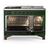 ILVE UM48FSQNR3EGB Majestic III 48 inch Dual Fuel Range with 5 Black Brass Burners, Griddle and French Top, Dual Function Burner up to 25,000 BTU (Natural Gas, Solid Door, Emerald Green, Burnished)