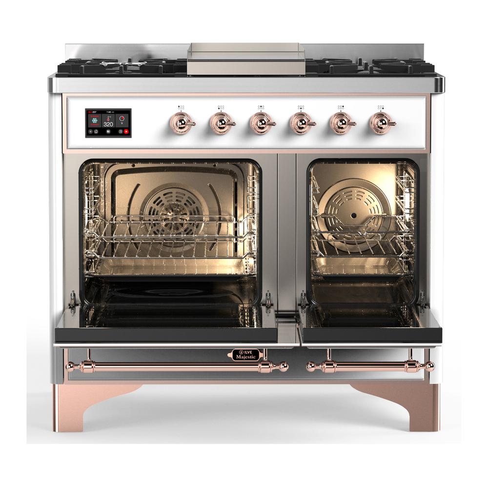 ILVE UMD40FNR3WHP Majestic III 40 inch Dual Fuel Range with 6 Burners and Griddle, Dual Function Burner up to 25,000 BTU (Natural Gas, Triple Glass Door, White, Copper)