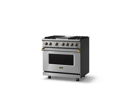 36"W. Dual Fuel Range (Burner: 4g, Finish: Stainless Steel, Trim: Brushed Brass, Fuel: Propane)
