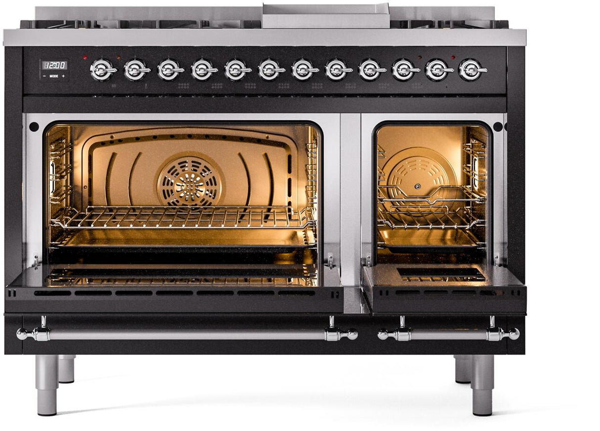 Nostalgie II 48 Inch Dual Fuel Natural Gas Freestanding Range in Glossy Black with Chrome Trim