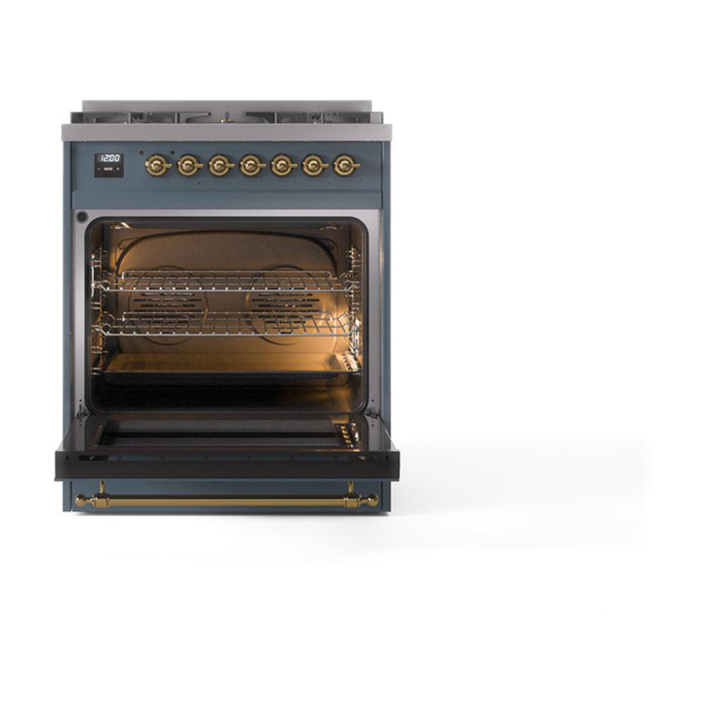 ILVE UN30NMPBGG Nostalgie II Noblesse 30 inch Dual Fuel Range (Natural Gas, Triple Glass Door, Blue Grey, Brass)