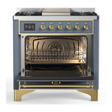 ILVE UM36FNR3BGGLP Majestic III 36 inch Dual Fuel Range with 6 Black Brass Burners and Griddle, Dual Function Burner up to 25,000 BTU (Triple Glass Door, Blue Grey, Brass, Liquid Propane)