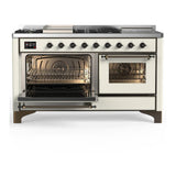 ILVE UM60FSNR3AWBLP Majestic III 60 inch Dual Fuel Range with 7 Burners, Griddle and French Top, Dual Function Burner with up to 25,000 BTU (Liquid Propane, Triple Glass Door, Antique White, Burnished)