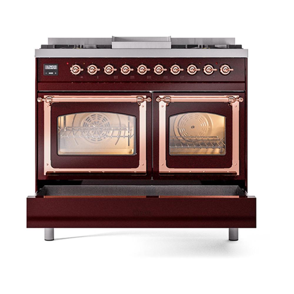 ILVE UND40FNMPBUPLP Nostalgie II Noblesse 40 inch Dual Fuel Range (Liquid Propane, Triple Glass Door, Burgundy, Copper)