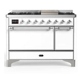 ILVE UM48FQNR3WHCLP Majestic III 48 inch Dual Fuel Range with 8 Burners and Griddle, Dual Function Burner up to 25,000 BTU (Liquid Propane, Solid Door, White, Chrome)