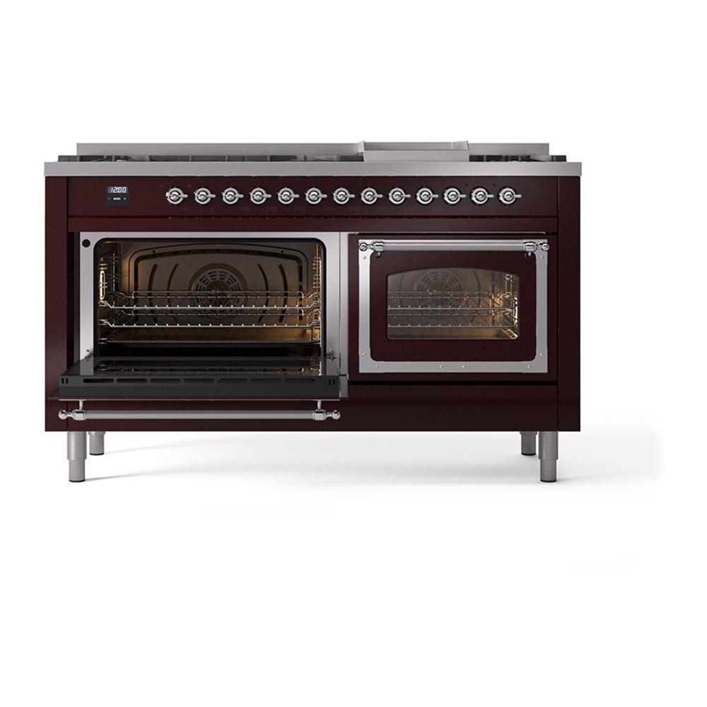 ILVE UN60FNMPBUC Nostalgie II Noblesse 60 inch Dual Fuel Range (9 Sealed Burners + Griddle, Natural Gas, Triple Glass Door, Burgundy, Chrome)