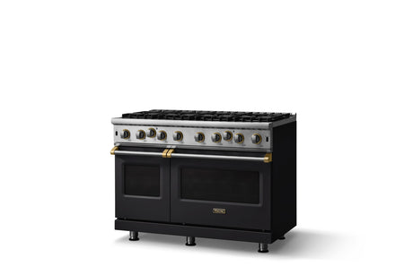 48"W. Open Burner Gas Range (Finish: Onyx, Trim: Brushed Brass, Fuel: Propane)