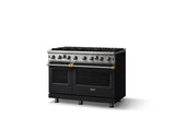 48"W. Open Burner Gas Range (Finish: Onyx, Trim: Brushed Brass, Fuel: Natural Gas)