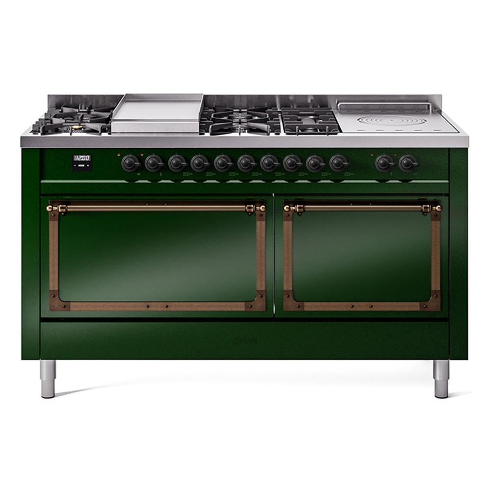 ILVE UN60FSQNMPEGBLP Nostalgie II Noblesse 60 inch Dual Fuel Range (7 Sealed Burners + Griddle + French Top, Liquid Propane, Solid Door, Emerald Green, Burnished)