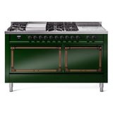 ILVE UN60FSQNMPEGBLP Nostalgie II Noblesse 60 inch Dual Fuel Range (7 Sealed Burners + Griddle + French Top, Liquid Propane, Solid Door, Emerald Green, Burnished)