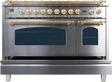 Nostalgie 48 Inch Dual Fuel Natural Gas Freestanding Range in Stainless Steel with Brass Trim