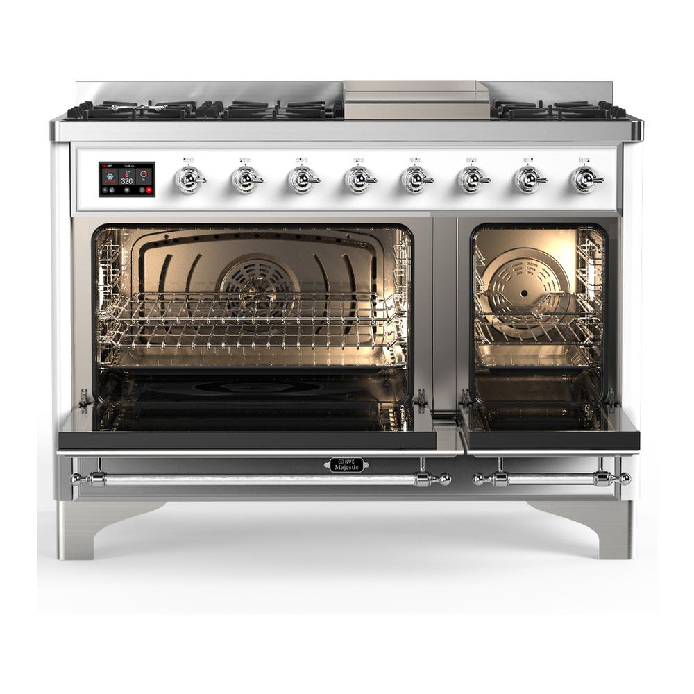 ILVE UM48FQNR3WHCLP Majestic III 48 inch Dual Fuel Range with 8 Burners and Griddle, Dual Function Burner up to 25,000 BTU (Liquid Propane, Solid Door, White, Chrome)