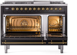 Nostalgie II 48 Inch Dual Fuel Natural Gas Freestanding Range in Glossy Black with Brass Trim