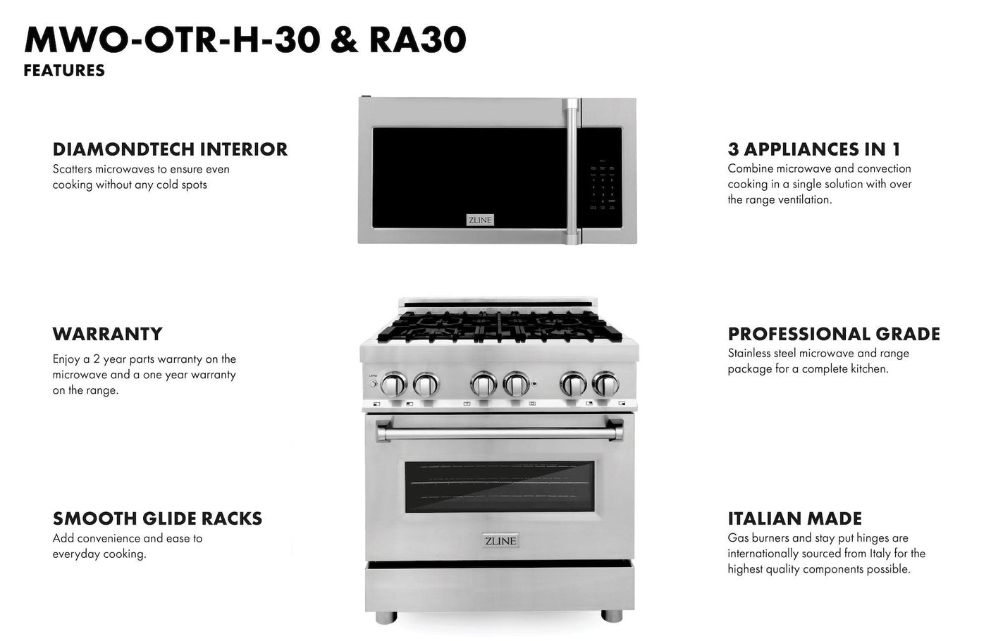 ZLINE 30 in. Kitchen Package Stainless Steel Dual Fuel Range and Over The Range Microwave with Traditional Handle (2KP-RAOTRH30)