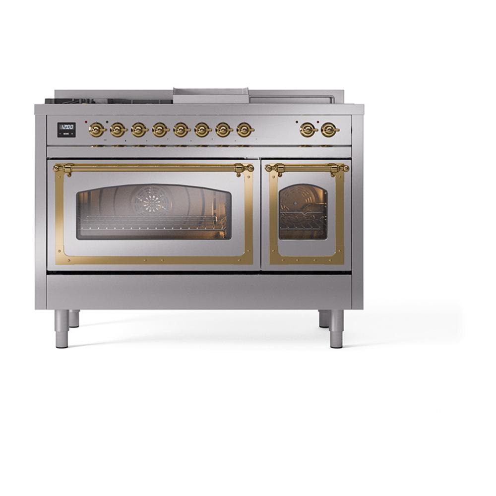 ILVE UN48FSNMPSSGLP Nostalgie II Noblesse 48 inch Dual Fuel Range (5 Sealed Burners + Griddle + French Top, Liquid Propane, Triple Glass Door, Stainless Steel, Brass)