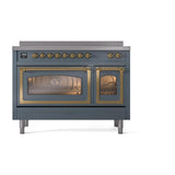 ILVE UNI486NMPBGG Nostalgie II Noblesse 48 inch Induction Range (Triple Glass Door, Blue Grey, Brass)