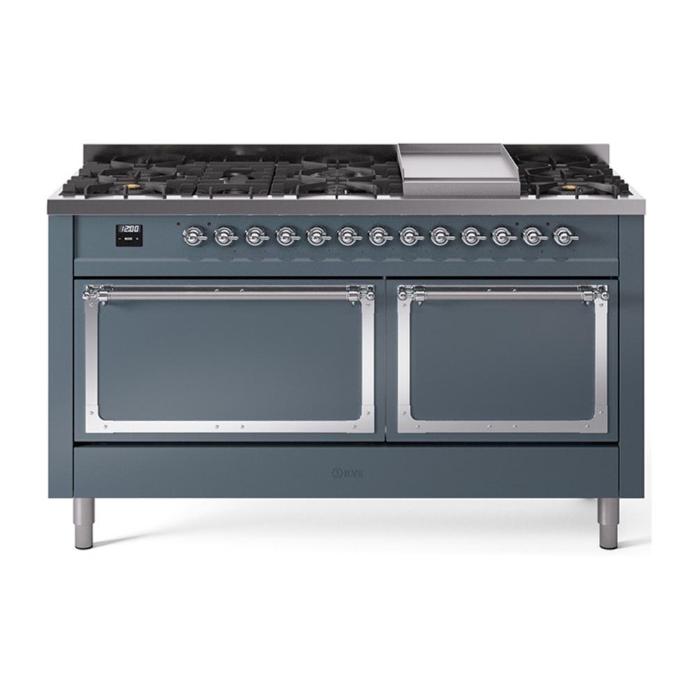 ILVE UN60FQNMPBGCLP Nostalgie II Noblesse 60 inch Dual Fuel Range (9 Sealed Burners + Griddle, Liquid Propane, Solid Door, Blue Grey, Chrome)
