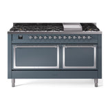 ILVE UN60FQNMPBGCLP Nostalgie II Noblesse 60 inch Dual Fuel Range (9 Sealed Burners + Griddle, Liquid Propane, Solid Door, Blue Grey, Chrome)
