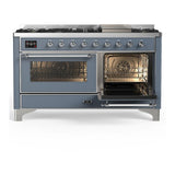 ILVE UM60FNR3BGC Majestic III 60 inch Dual Fuel Range with 9 Burners and Griddle, Dual Function Burner up to 25,000 BTU (Natural Gas, Triple Glass Door, Blue Grey, Chrome)