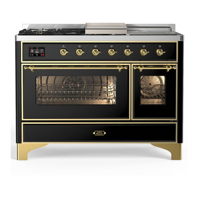 ILVE UM48FSNR3BKGLP Majestic III 48 inch Dual Fuel Range with 5 Black Brass Burners, Griddle and French Top, Dual Function Burner up to 25,000 BTU (Liquid Propane, Triple Glass Door, Glossy Black, Brass)