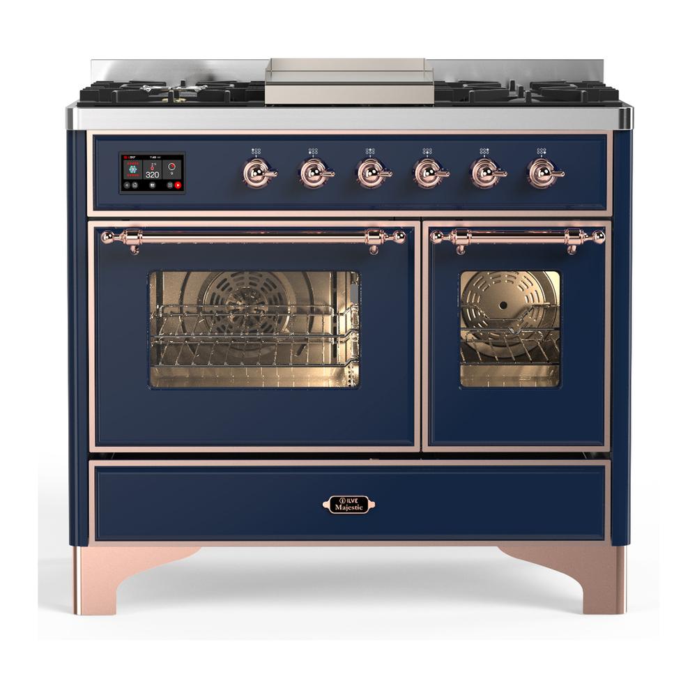 ILVE UMD40FNR3MBP Majestic III 40 inch Dual Fuel Range with 6 Burners and Griddle, Dual Function Burner up to 25,000 BTU (Natural Gas, Triple Glass Door, Midnight Blue, Copper)