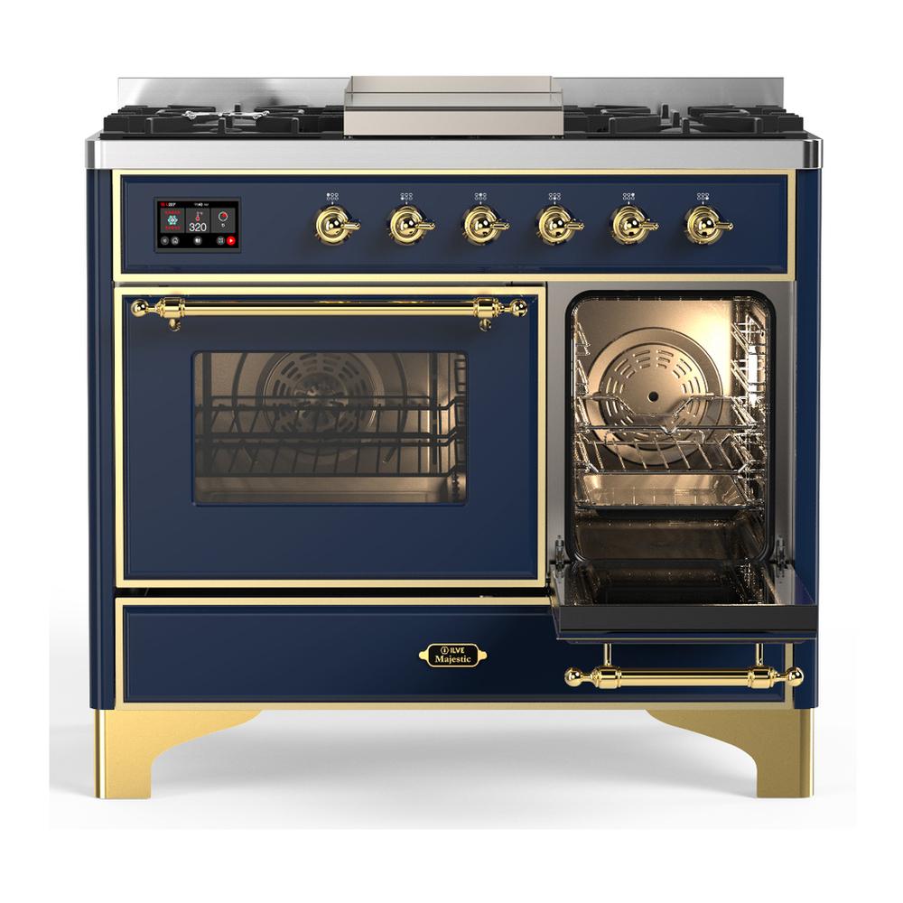 ILVE UMD40FNR3MBG Majestic III 40 inch Dual Fuel Range with 6 Burners and Griddle, Dual Function Burner up to 25,000 BTU (Natural Gas, Triple Glass Door, Midnight Blue, Brass)