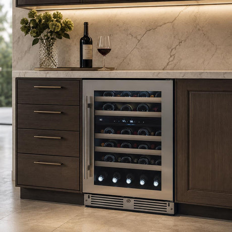 24" Wine Cooler, Dual Zone Stainless Steel Glass, Field Reversible Hinge