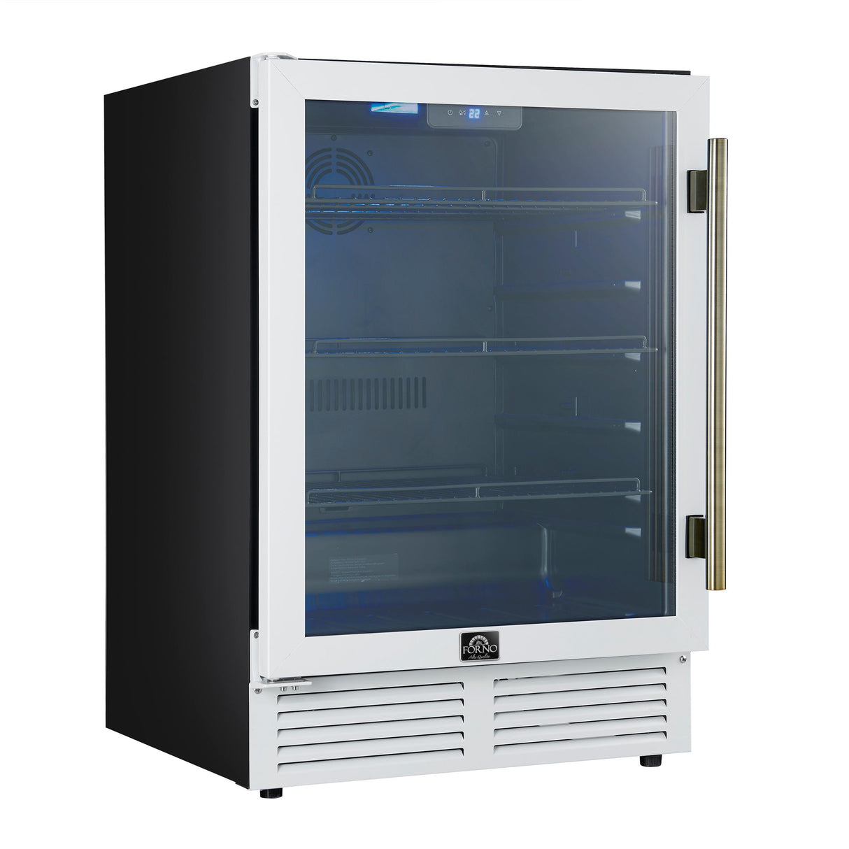 Forno Frescolino 24 Inch Beverage Cooler, White with Antique Brass Handles, with LED Lighting, Triple Glass Door, 188 Can Capacity, Built-In or Freestanding