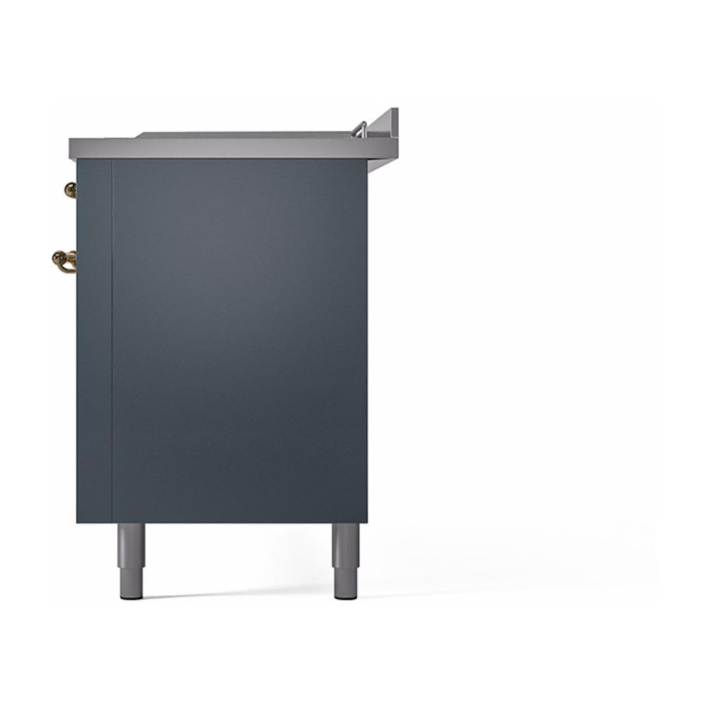 ILVE UN60FSQNMPBGG Nostalgie II Noblesse 60 inch Dual Fuel Range (7 Sealed Burners + Griddle + French Top, Natural Gas, Solid Door, Blue Grey, Brass)