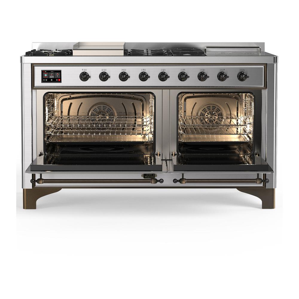 ILVE UM60FSNR3SSBLP Majestic III 60 inch Dual Fuel Range with 7 Burners, Griddle and French Top, Dual Function Burner with up to 25,000 BTU (Liquid Propane, Triple Glass Door, Stainless Steel, Burnished)