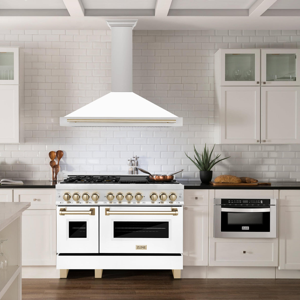 ZLINE 48 in. Autograph Edition Convertible Stainless Steel Range Hood with White Matte Shell and Champagne Bronze Accents (KB4STZ-WM48-CB) [Color: Gold Accents]